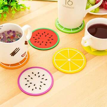 JASSINS 7 Pcs Fruit Coaster Set - Cute & Functional Silicone Mats for All Ages