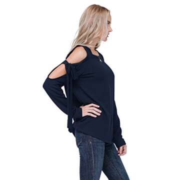 Pleione Open Shoulder Tie Sleeve Crewneck Sweatshirt Navy XS