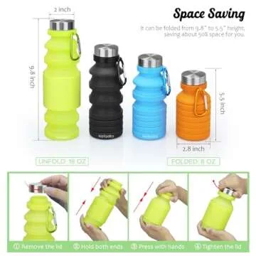 Nefeeko Collapsible Water Bottle, 18floz Reuseable BPA Free Silicone Foldable Water Bottles for Trav...