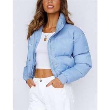 Lianlive Cropped Puffer Jacket Womens Zip Up Black Crop Puffy Winter Coats (Blue-M)
