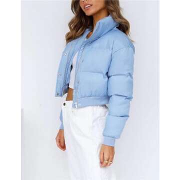 Lianlive Cropped Puffer Jacket Womens Zip Up Black Crop Puffy Winter Coats (Blue-M)