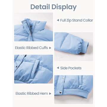 Lianlive Cropped Puffer Jacket Womens Zip Up Black Crop Puffy Winter Coats (Blue-M)