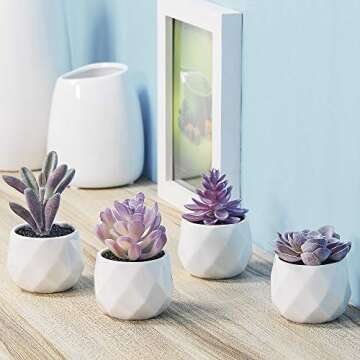 CADNLY Fake Succulent Plant Set - Artificial Desk Plants for Women Desk - Realistic Faux Succulents in Ceramic Pots - Mini Purple Decor for Bedroom Bathroom Office Shelf 4 Pack