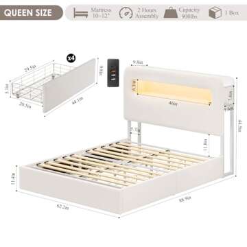 HOSTACK Queen LED Bed Frame with Storage Headboard and Charging Station, Kids Bed Frame with 4 Drawe...