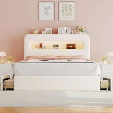 HOSTACK Queen LED Bed Frame with Storage Headboard and Charging Station, Kids Bed Frame with 4 Drawers and USB Ports, Velvet Upholstered Platform Bed Frame with Bookcase, No Box Spring Needed, Cream