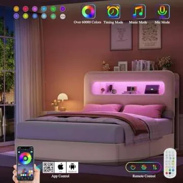 HOSTACK Queen LED Bed Frame with Storage Headboard and Charging Station, Kids Bed Frame with 4 Drawers and USB Ports, Velvet Upholstered Platform Bed Frame with Bookcase, No Box Spring Needed, Cream