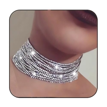 Aukmla Multi Layered Chain Crystal Rhinestone Choker Necklace for Elegant Occasions