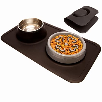 PetPurpose Slow Feeder Dog Bowls with Waterproof Rubber Pet Mat, 2 Pc. Stainless-Steel Raised Feed B...