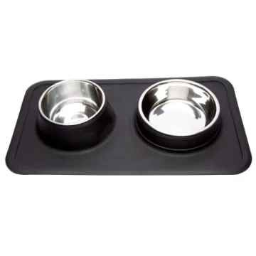 PetPurpose Slow Feeder Dog Bowls with Waterproof Rubber Pet Mat, 2 Pc. Stainless-Steel Raised Feed Bowl Set for Food and Water, Promotes Slower Eating for Pet Safety (Black)