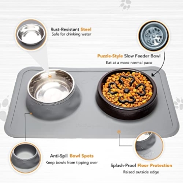 PetPurpose Slow Feeder Dog Bowls with Waterproof Rubber Pet Mat, 2 Pc. Stainless-Steel Raised Feed Bowl Set for Food and Water, Promotes Slower Eating for Pet Safety (Black)