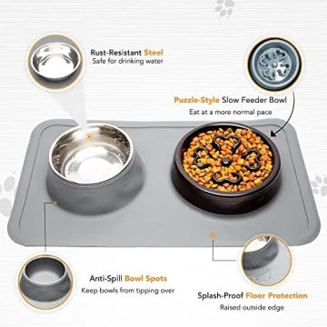 PetPurpose Slow Feeder Dog Bowls with Waterproof Rubber Pet Mat, 2 Pc. Stainless-Steel Raised Feed Bowl Set for Food and Water, Promotes Slower Eating for Pet Safety (Black)