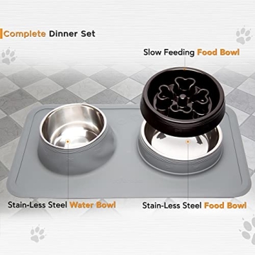 PetPurpose Slow Feeder Dog Bowls with Waterproof Rubber Pet Mat, 2 Pc. Stainless-Steel Raised Feed Bowl Set for Food and Water, Promotes Slower Eating for Pet Safety (Black)