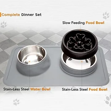 PetPurpose Slow Feeder Dog Bowls with Waterproof Rubber Pet Mat, 2 Pc. Stainless-Steel Raised Feed Bowl Set for Food and Water, Promotes Slower Eating for Pet Safety (Black)