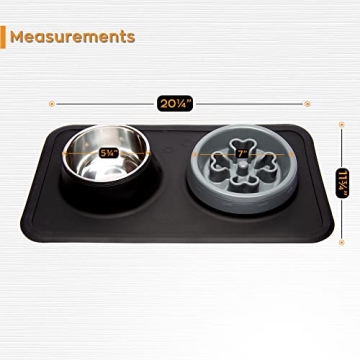 PetPurpose Slow Feeder Dog Bowls with Waterproof Rubber Pet Mat, 2 Pc. Stainless-Steel Raised Feed Bowl Set for Food and Water, Promotes Slower Eating for Pet Safety (Black)