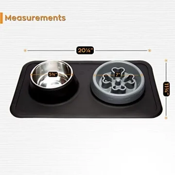 PetPurpose Slow Feeder Dog Bowls with Waterproof Rubber Pet Mat, 2 Pc. Stainless-Steel Raised Feed Bowl Set for Food and Water, Promotes Slower Eating for Pet Safety (Black)