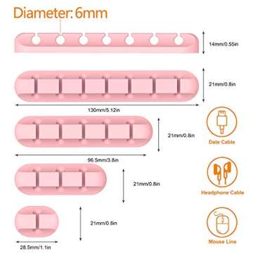 Pink Desk Accessories Cable Organizer - Pink Cord Holder for Desk, 5 Packs (7-5-3-1-1 Slots) Cable Clips for Cord Management This Cute Desk Accessories Cleans Up Messy Wires at Home, Car and Office