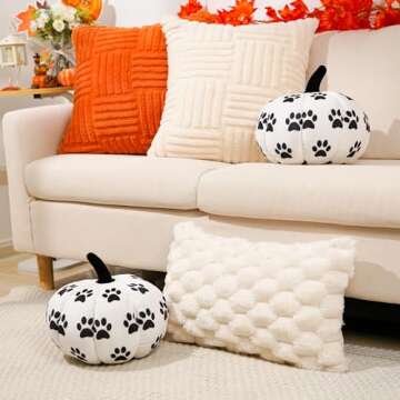 QIONG MENG 2 Pieces Pumpkin Pillow Funny Dog Paws Pumpkin Shaped Pillow 11.8 Inch Fall Harvest White Throw Pillows 3D Shaped Cushion Holiday Decorations for Home Bedroom Sofa