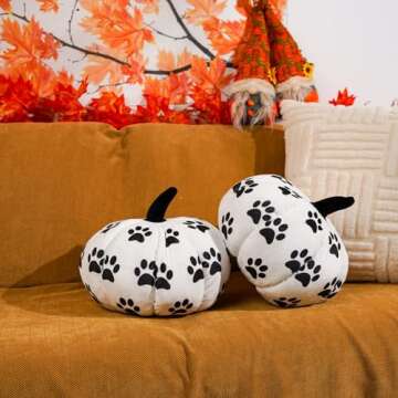 QIONG MENG 2 Pieces Pumpkin Pillow Funny Dog Paws Pumpkin Shaped Pillow 11.8 Inch Fall Harvest White Throw Pillows 3D Shaped Cushion Holiday Decorations for Home Bedroom Sofa