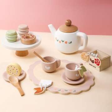 Dorjee Wooden Tea Set for Little Girls, Wooden Toys Toddler Tea Set Play Kitchen Accessories for Kid...