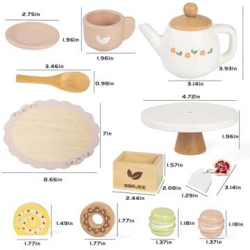 Dorjee Wooden Tea Set for Little Girls, Wooden Toys Toddler Tea Set Play Kitchen Accessories for Kids Tea Party with Play Food for Kid Age 3+ Gift