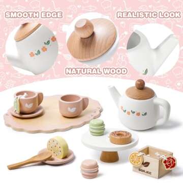 Dorjee Wooden Tea Set for Little Girls, Wooden Toys Toddler Tea Set Play Kitchen Accessories for Kids Tea Party with Play Food for Kid Age 3+ Gift