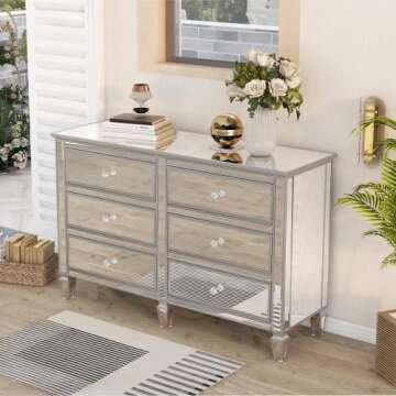 SOFTSEA Modern 6 Drawer Mirrored Dresser, Glass Dresser & Chest of Drawers, Silver Finished Storage Cabinet with Crystal Knobs, Easy Assembly