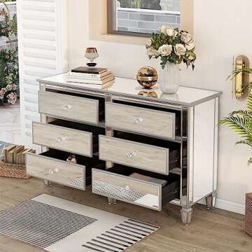 SOFTSEA Modern 6 Drawer Mirrored Dresser, Glass Dresser & Chest of Drawers, Silver Finished Storage Cabinet with Crystal Knobs, Easy Assembly
