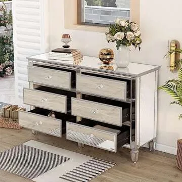 SOFTSEA Modern 6 Drawer Mirrored Dresser, Glass Dresser & Chest of Drawers, Silver Finished Storage Cabinet with Crystal Knobs, Easy Assembly