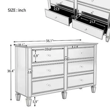 SOFTSEA Modern 6 Drawer Mirrored Dresser, Glass Dresser & Chest of Drawers, Silver Finished Storage Cabinet with Crystal Knobs, Easy Assembly