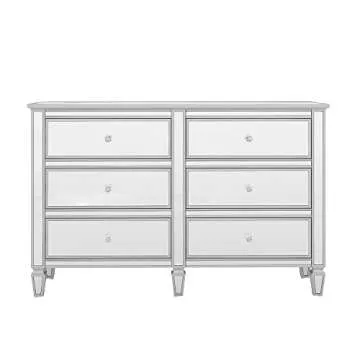 SOFTSEA Modern 6 Drawer Mirrored Dresser, Glass Dresser & Chest of Drawers, Silver Finished Storage Cabinet with Crystal Knobs, Easy Assembly