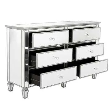 SOFTSEA Modern 6 Drawer Mirrored Dresser, Glass Dresser & Chest of Drawers, Silver Finished Storage Cabinet with Crystal Knobs, Easy Assembly