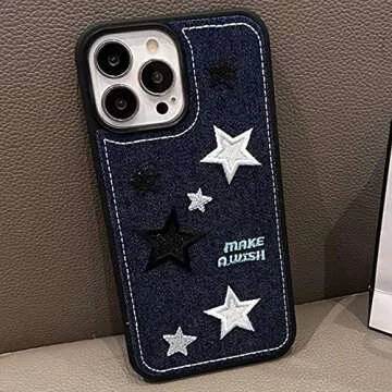 Casechics Compatible with iPhone Case,Cool Denim Fabric Embroidery Star Silicone Camera Lens Protection Soft Shockproof Cover Phone Case (Blue,iPhone 14)