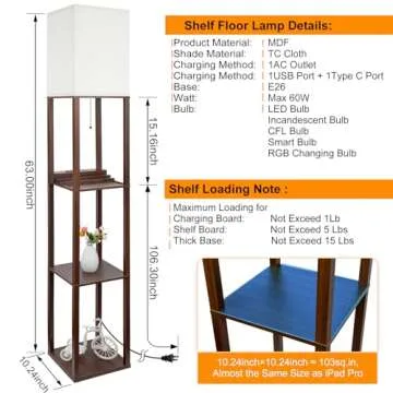 SHINE HAI 3-in-1 Shelf Lamp with 1 USB Ports & 1 Type C Port & 1 Power Outlet, 3-Tiered Shelves Lamps, Modern Standing Light for Bedroom & Living Room, Storage Floor Lights Combination, Brown