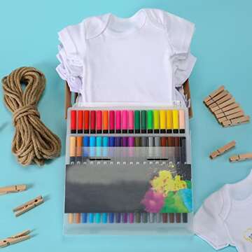 Xtinmee 24 Pcs Unisex Baby Bodysuit Cotton Short Sleeve Bodysuits 36 Colors Fabric Paint Pens with Clips Hemp Rope for 0-3 Months Newborn Baby Shower