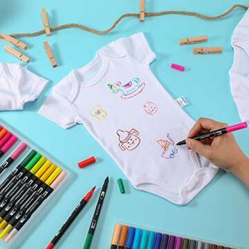 Xtinmee 24 Pcs Unisex Baby Bodysuit Cotton Short Sleeve Bodysuits 36 Colors Fabric Paint Pens with Clips Hemp Rope for 0-3 Months Newborn Baby Shower