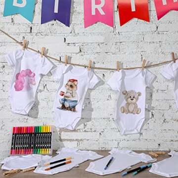 Xtinmee 24 Pcs Unisex Baby Bodysuit Cotton Short Sleeve Bodysuits 36 Colors Fabric Paint Pens with Clips Hemp Rope for 0-3 Months Newborn Baby Shower