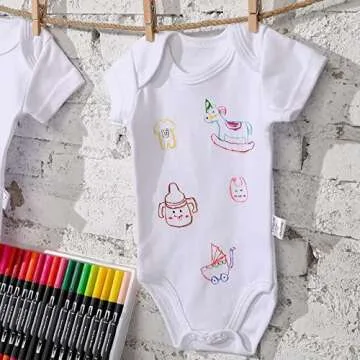 Xtinmee 24 Pcs Unisex Baby Bodysuit Cotton Short Sleeve Bodysuits 36 Colors Fabric Paint Pens with Clips Hemp Rope for 0-3 Months Newborn Baby Shower