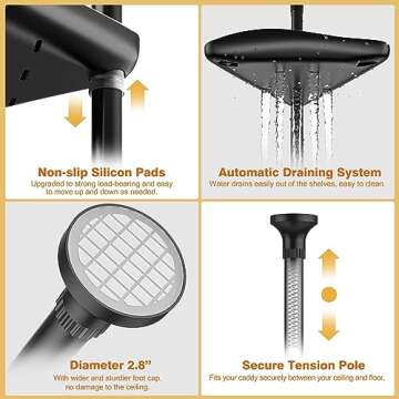 Epicano Shower Caddy Corner,56 to 115.7inches Adjustable Tension Pole Shower Caddy Stand, Rustproof 304 Stainless Steel Pole for Bathroom, Bathtub Storage Organizer,4-Tier, Black and White