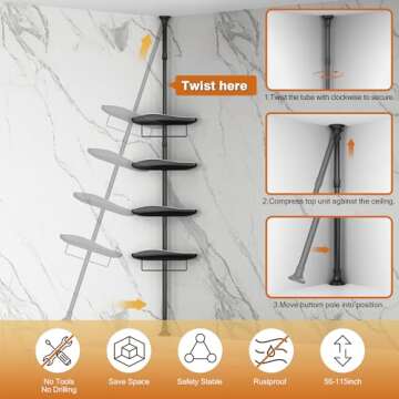 Epicano Shower Caddy Corner,56 to 115.7inches Adjustable Tension Pole Shower Caddy Stand, Rustproof 304 Stainless Steel Pole for Bathroom, Bathtub Storage Organizer,4-Tier, Black and White