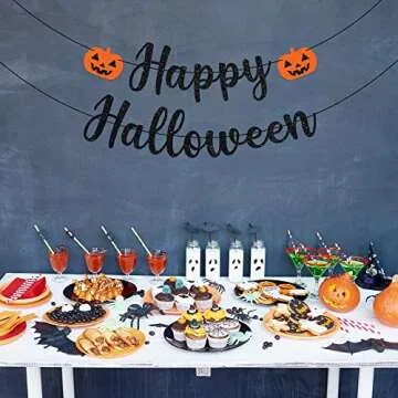 Pre-strung Black Glitter Happy Halloween Banner