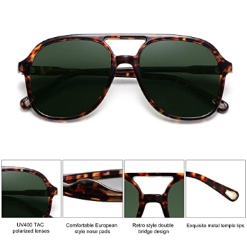 SOJOS Retro Polarized Aviator Sunglasses for Women Men Classic 70s Vintage Trendy Square Aviators SJ2174, Dark Tortoise/Green