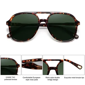 SOJOS Retro Polarized Aviator Sunglasses for Women Men Classic 70s Vintage Trendy Square Aviators SJ2174, Dark Tortoise/Green