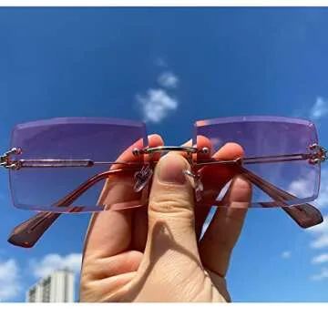 mincl/Fashion Small Rectangle Sunglasses Women Ultralight Candy Color Rimless Ocean Sun Glasses (silver&pink)