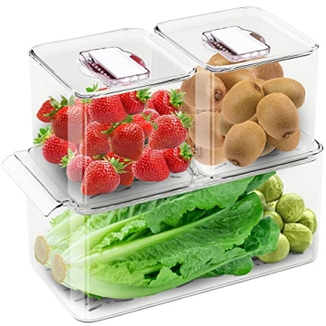 WAVELUX Produce Saver Containers for Refrigerator, Food Fruit Vegetables storage, 3 Pcs Stackable Fr...
