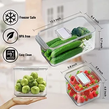 WAVELUX Produce Saver Containers for Refrigerator, Food Fruit Vegetables storage, 3 Pcs Stackable Freezer Fridge Organizer, Fresh Keeper Drawer Bin Basket with Vented Lids & Removable Drain Tray