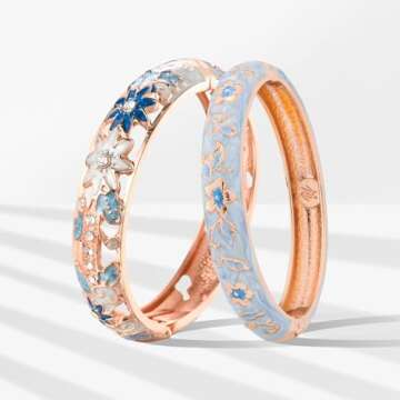 UJOY Vintage Jewelry Cloisonne Handcrafted Enameled Gorgeous Rhinestone Gold Hinged Cuff Bracelet Bangles Gifts 88C11-55A82 Light Blue