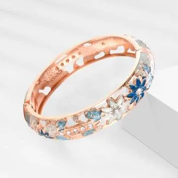 UJOY Vintage Jewelry Cloisonne Handcrafted Enameled Gorgeous Rhinestone Gold Hinged Cuff Bracelet Bangles Gifts 88C11-55A82 Light Blue