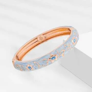 UJOY Vintage Jewelry Cloisonne Handcrafted Enameled Gorgeous Rhinestone Gold Hinged Cuff Bracelet Bangles Gifts 88C11-55A82 Light Blue