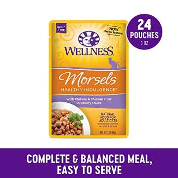 Wellness Healthy Indulgence Morsels Grain-Free Wet Cat Food, Made with Natural Ingredients, Quality Proteins, Complete and Balanced Meal, 3 oz Pouches (Chicken & Chicken Liver, 24 Pack)