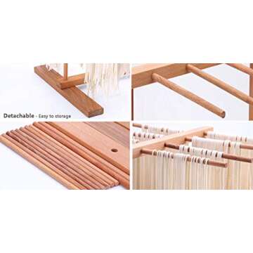 AJIADA Pasta Drying Rack Collapsible Noodle Stand & Rolling Pin Baking, Natural Beech Wood with 8 Bar Handles Spaghetti Hanging Dryer Rack for Home Use Storage Pasta, Spaghetti, Noodle
